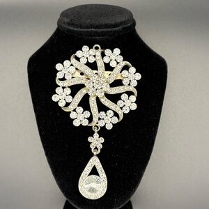Vintage Silver Rhinestone Floral Drop Pendant Brooch - Elegant Statement Jewelry